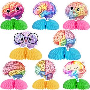 JOYMEMO 8 Pieces Colorful Brain Honeycomb Centerpieces for Tables - Rainbow Brain Theme Birthday Decorations Teens Adults, Double Sided Brain Table Toppers for Baby Shower Party Supplies