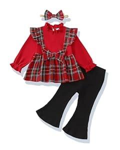 XUANHAO Baby Girl Clothes 12-18 Months Fall Winter Infant 12 Month Girl Clothes Christmas Outfits for Girls 18 Months Cute Long Sleeve Red Plaid Ruffle Bow Knot Tops Flare Pants Set+Headband 3PCS