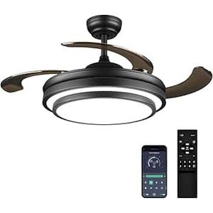 Liokoc Modern Fandelier Ceiling Fans with LED Light and Remote APP Control, Crystal Chandelier Fan Retractable Blades Quiet DC Motor for Bedroom, Living Room, 42 Inch Blade Span(Black)