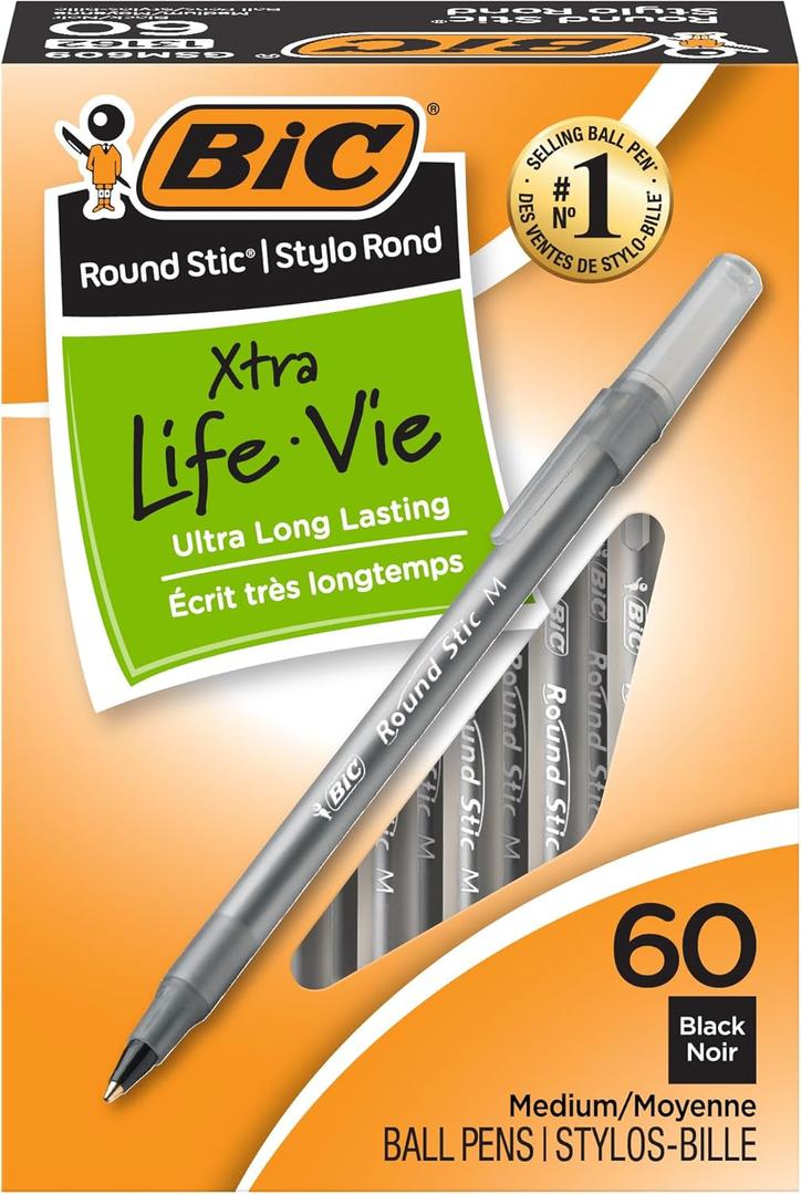 BIC Round Stic Xtra Life Ballpoint Pen, Medium Point (1.0mm), Black, 60-Count