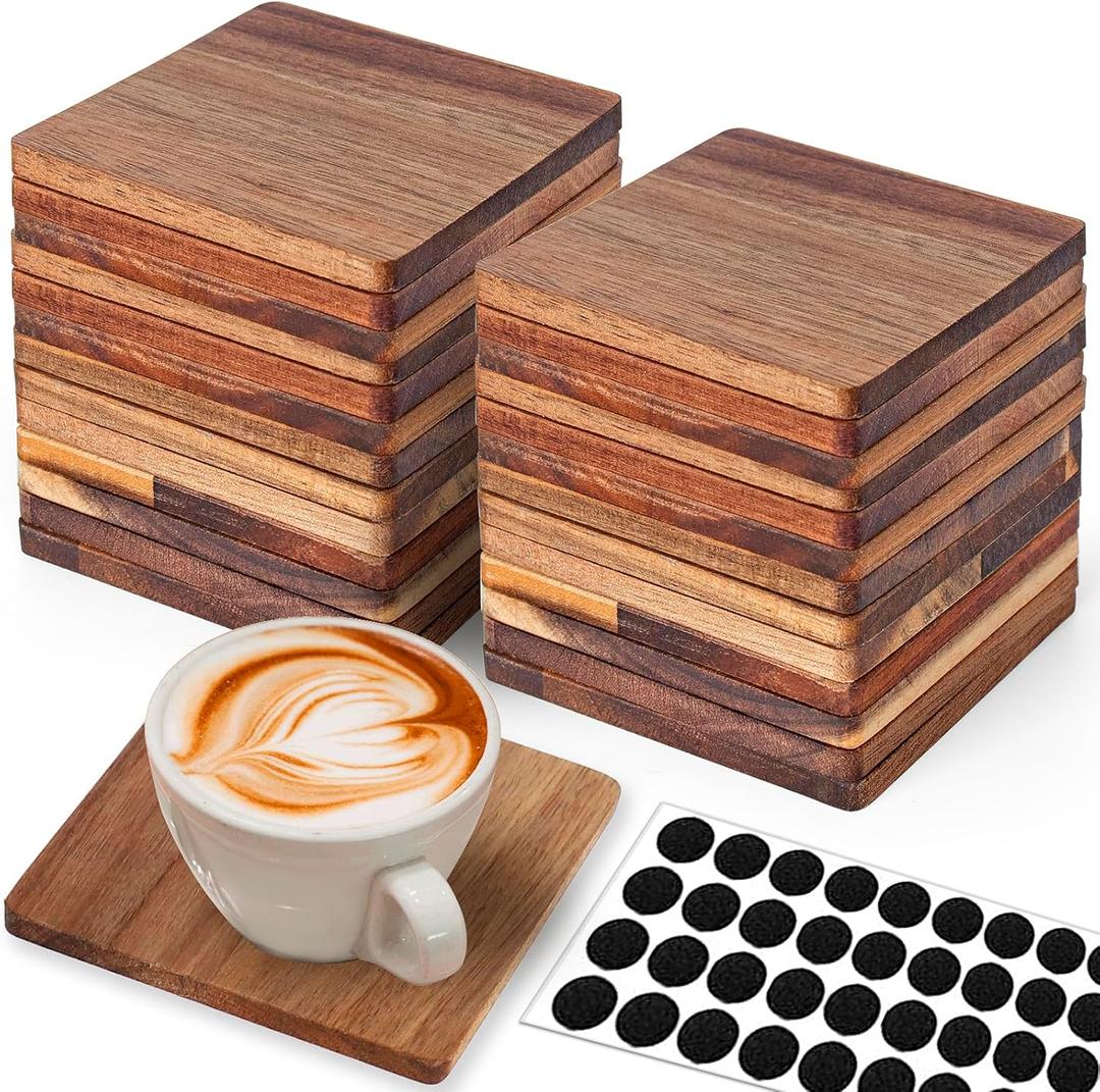 26 Pieces Unfinished Wood Coasters, 4 Inch Square Acacia Wooden Coasters for Crafts with Non-Slip Silicon Dots for DIY Stained Painting Wood Engraving Home Decoration