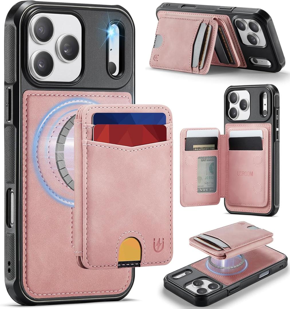 for iPhone 17 Pro Max Wallet Case Compatible with Magsafe, Magnetic RFID Blocking Card Holder Kickstand 2 in 1 Detachable Case for iPhone 17 Pro Max 6.9", Rose Pink