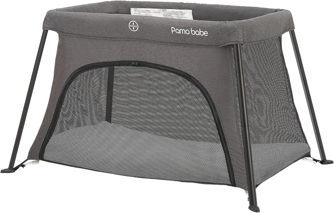 Pamo Babe Travel Crib for Baby - Mini Lightweight Baby Playard with Zip Door, Easy to Carry (Grey)