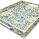 I-LAN Creative Rectangular Mother of Pearl Shell Severing Tray Lacquer Wooden Decorative Tray Handmade Shell Serving Tray with Handles and 2 Inch Wall, 18”Large Green Inlay Nacre Ottoman Tray (45cm)