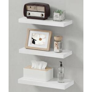 Easy Install Floating Shelves, 15.7 Inch Wall Mounted Wooden Shelf, Small Hanging Shelf for Home Decor, Books and Storage, Organizer for Bedroom, Bathroom, Kitchen, Set of 3, White