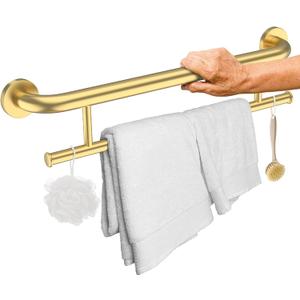 Brushed Gold Grab Bar 24 Inch w/Towel Holder, iHansee Stainless Steel Towel Rack Shower Support Balanced Support Handle, Wall Mount Safety Handrail Grab Rail for Elderly Senior Handicap Disabled