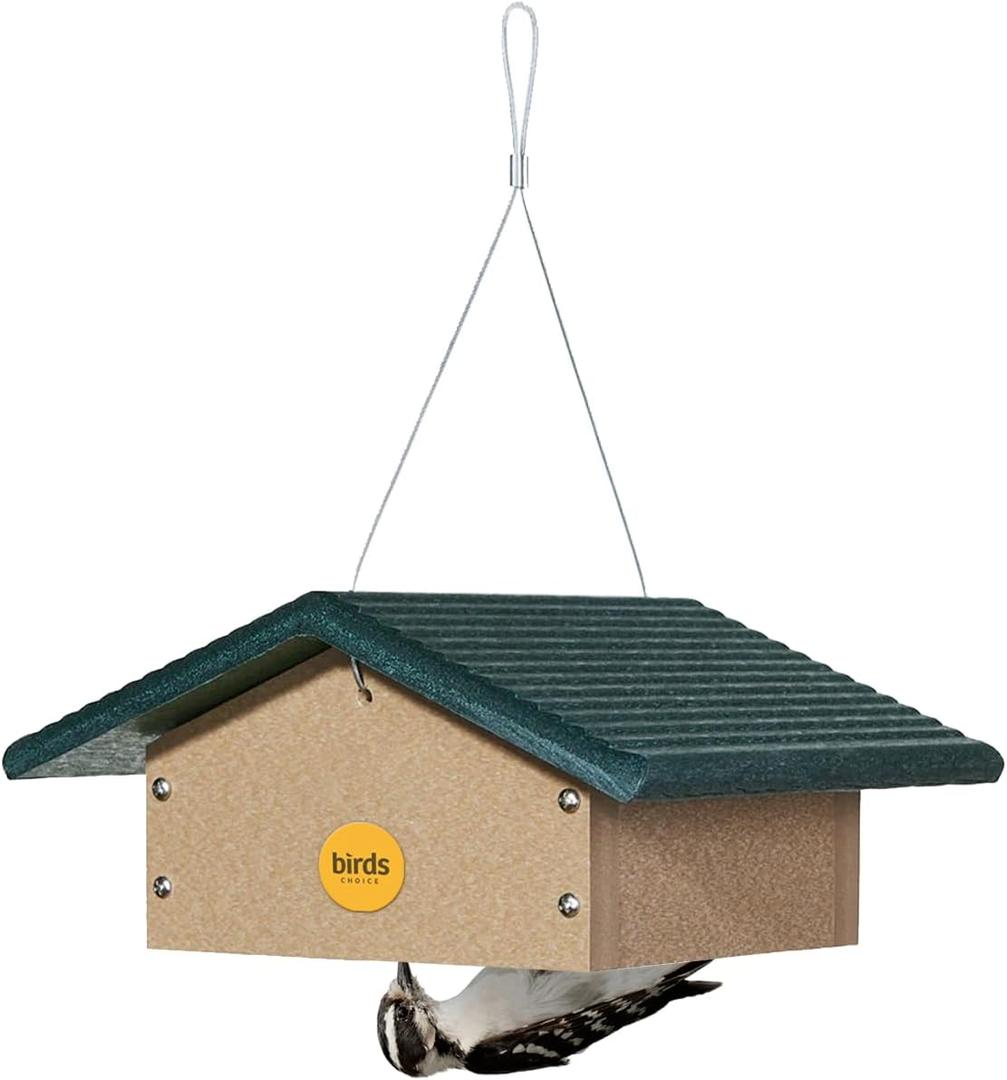 Birds Choice SNUD Recycled Cake Upside Down Suet Feeder, Seed Block Feeder, 1 Suet Cake, 7"L X 6-1/4"W X 4-1/4"H , Taupe w/ Green Roof
