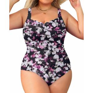 Aqua Eve Womens Plus Size One Piece Swimsuit- Tummy Control Bathing Suit Full Coverage Swimwear (Purple Floral)