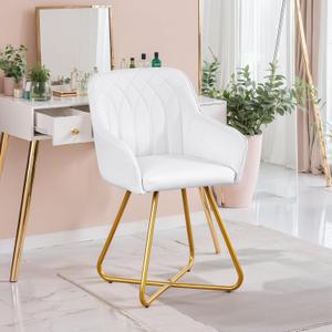 VECELO Vanity Chair, White PU Leather Makeup Stool with Gold Metal Frame, Mid-Century Accent Chair for Bedroom, Dressing Table, 35" Height