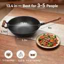 WANGYUANJI Cast Iron Wok Pan with Lid, 13.4 Inch Flat Bottom Uncoated Stir Fry Skillet, Traditional Chinese Iron Pot for 3-5 People, Detachable Walnut Handle, Compatible with Induction & Gas Stoves