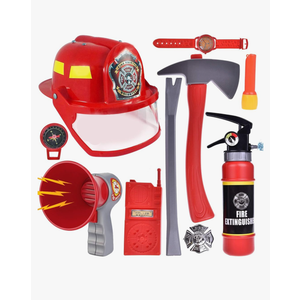 Liberty Imports 10 PCs Fireman Gear Firefighter Costume Role Play Career Dress Up Starter Toy Accessories Pretend Play Set with Helmet, Tools for Kids, Toddlers