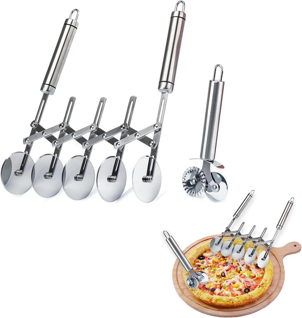 5-Wheel Pastry Cutter, 2-Piece Multifunctional Pasta Cutter Wheel with Handle for Baking, Pizza Cutting, Cookie Dividing, Multifunctional Pasta Cutter