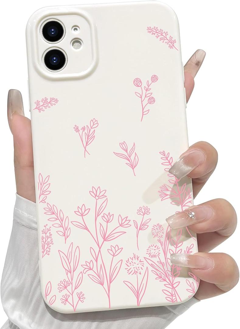 NITITOP Compatible with iPhone 12 Case Cute Flowers Floral Plant Pattern for Women Girls Trendy Slim Fit TPU Bumper Silicone Shockproof Full Camera Protection Cover - Pink and White