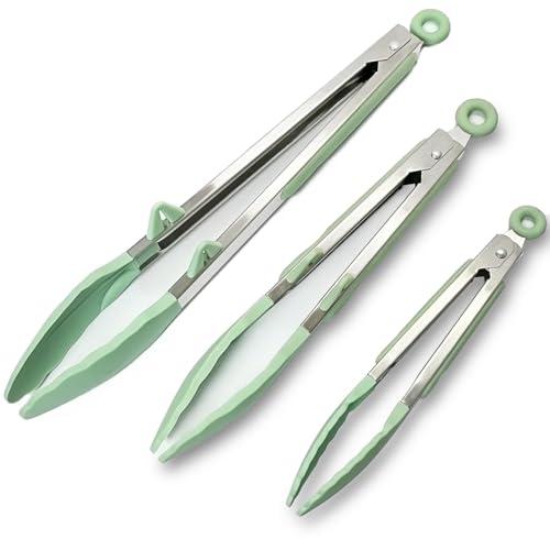 Silicone Kitchen Tongs, 3Pcs Tongs for Cooking with Silicone Tips, Food Grade Small Tongs, Mini Serving Tongs for BBQ Salad, Green, 7"+9"+12"