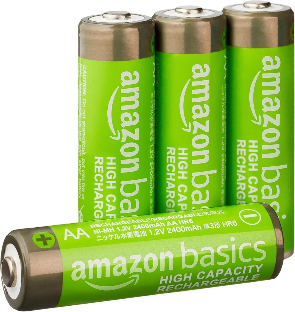 Amazon Basics Rechargeable AA Batteries, 4-Pack, 2400 mAh, NiMH High-Capacity Batteries, Recharge up to 400x Times, Pre-Charged