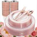 Ciaell 150PCS Rose Gold Plastic Plates Disposable Plates with Rose Gold Plastic Silverware include 50Plates, 25Forks, 25Knives, 25Spoons, 25Cups for Wedding & Party