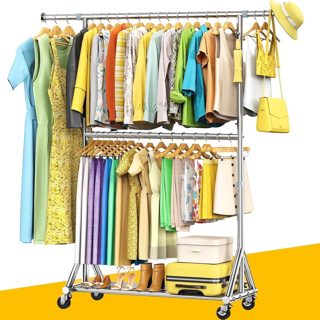 100% Stainless Steel Heavy Duty Clothes Rack Load 860 LBS, Two Tier Rolling Garment Rack with Wheels, Adjustable Double Rod Clothing Rack for Hanging Clothes, Closet Rack for Storage and Organization