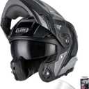 LEM Modular Motorcycle Helmets Fiberglass, Full Face Motorcycle Helmet Flip Up for Touring, DOT Certified, Release Sun Visor & Removable Comfort Liner, Lightweight Street Bike Helmet (Grey/Black,L)