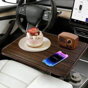 Car Desk for Laptop, Car Tray for Round Cup Holder with 360 Rotation, Car Table, Car Food Tray, Wooden Car Laptop Mount, Compatible with Tesla Model Y/3/S & Most Vehicles (Walnut)