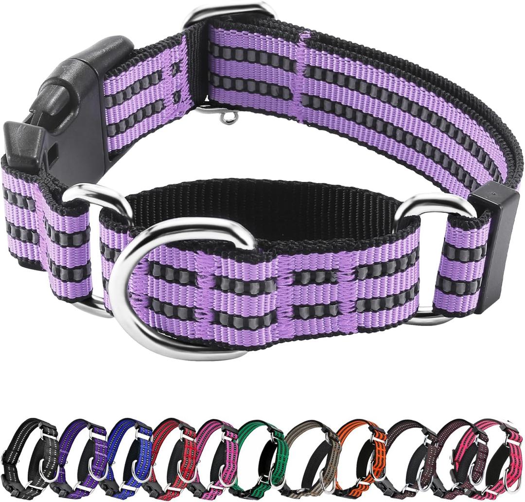 Hikiko Martingale Dog Collars Reflective Nylon Dog Collar with Quick Release Buckle Adjustable Training No Slip Dog Collar (Large, Lavender)