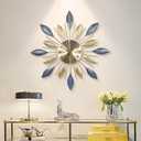 Wall Clock Large for Living Room Decorative 24 inch Clocks Silent Non Ticking Modern Metal Leaf Design for Bedroom Home,Dining Room,Kitchen 3D Wall Clock 60cm Blue Gold Color