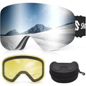 Ski Goggles, Frameless Snowboard Goggles with 2 UV400 Magnet Ski Lenses for Men & Women (Silver(vlt 9%) + Yellow(vlt 83%))