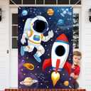 Outer Space Themed Party Decorations Astronaut Photo Booth Prop Backdrop Rocket Ship Galaxy Planet Starry Photography Background Banner Face Cutout Wall Door Cover Birthday Supplies Room Decor Hole