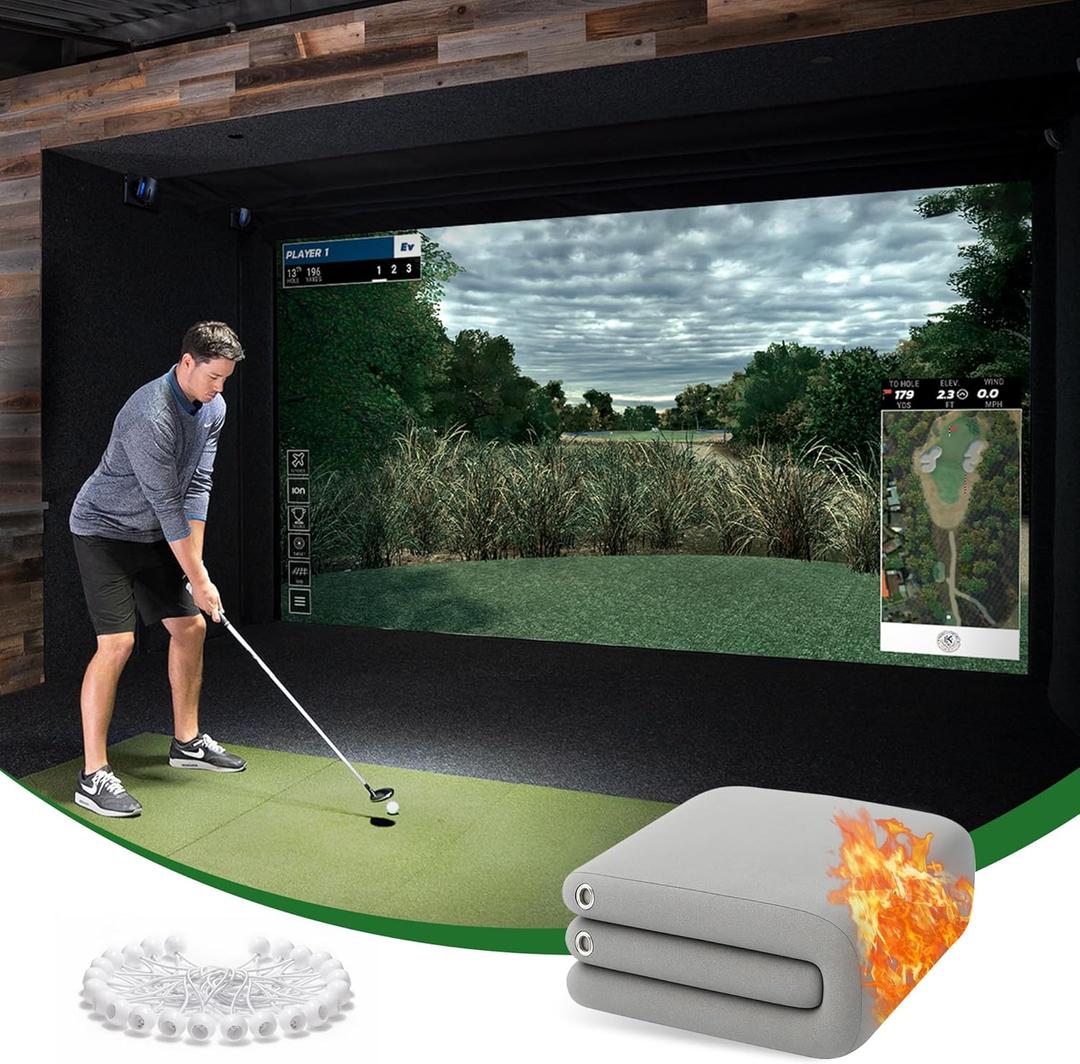 Gray Fireproof Golf Simulator Impact Screen, 3D Air Mesh Impact Screen for Golfs Training Indoor/Outdoor, HD Golf Hitting Screens for Home Practice with Grommet Holes & Bungee Cords (9.8 x 8.5 ft)