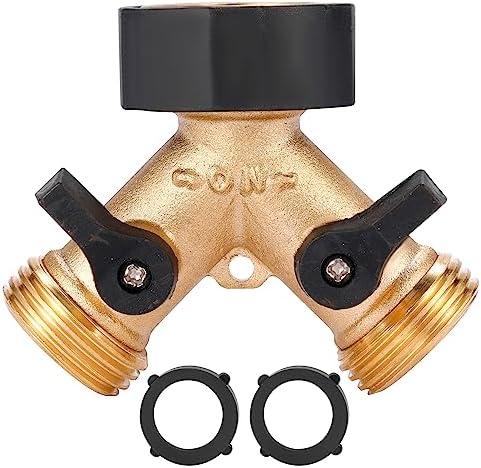 Sanpaint Garden Hose Splitter 2 Way Heavy Duty, Y Connector Brass Garden Hose Adapter, Hose Bib Splitter with 2 Extra Rubber Washers