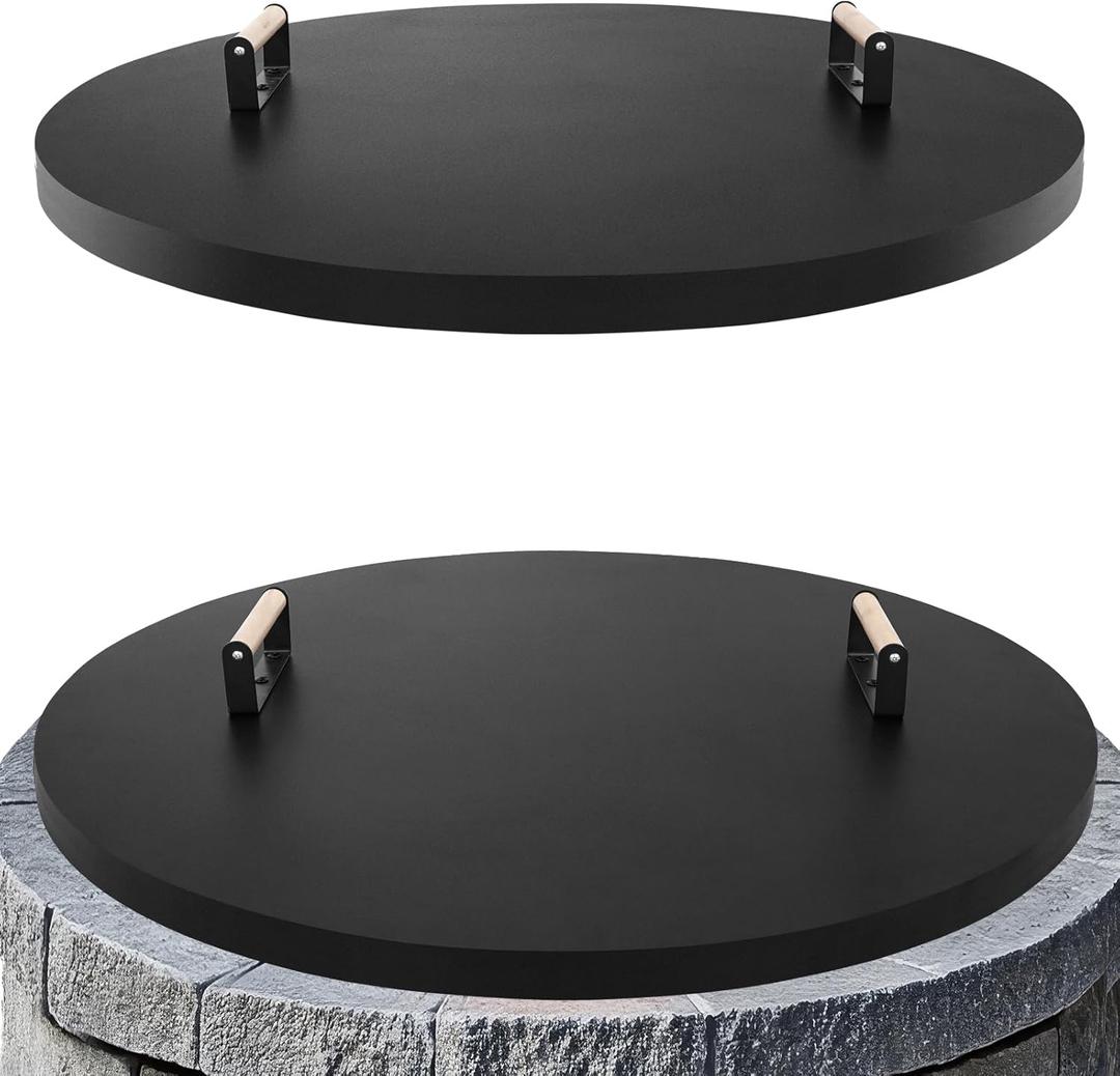 Fire Pit Lid Cover Round - 34" Rust Resistant Powder Coated Steel Firepit Cover or Table with 2 Wooden Handles for Patio Fire Pit, Weatherproof for All Seasons, Fits Fire Pits Up to 32"