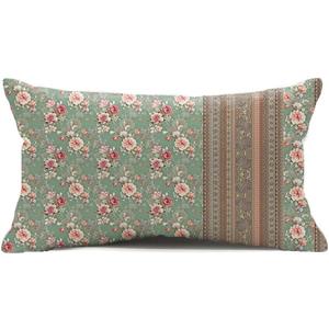 Vintage Boho Flower Lumbar Pillow Cover 12x20 Inch, Pink Floral Stripes Decorative Throw Pillow Case, Rectangle Cushion Cover for Sofa or Couch