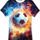3D Graphic Short Sleeve Shirts Boys Girls Cool T-Shirt Unisex Novelty Tees for 7-12 Years Teens (13-14 Years, Fire Soccer)