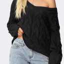 SUUKSESS Women Oversized Cable Sweaters V Neck Long Sleeve Knit Trendy Outfits (Black, M)