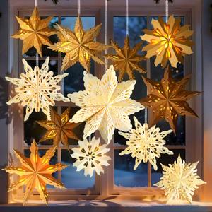 12Pcs Christmas Paper Snowflake Lanterns, 3D Christmas Paper Star Lanterns with LED Lights, 10/12 Inch White Beige Khaki Hanging Snowflake Lamps Xmas Winter Frozen Wedding New Year Party Decorations