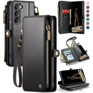 Defencase Compatible with Samsung Galaxy S22 5G Case Wallet with RFID Blocking Card Holder for Women Men, PU Leather Magnetic Snap Flip Zipper Strap Wallet Phone Case Fit for Galaxy S22 5G 6.1", Black