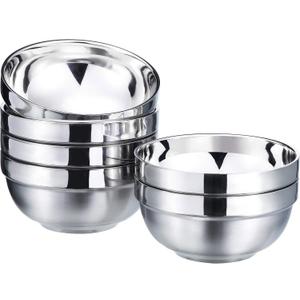 6 Pack 304 Stainless Steel Bowls for Kids and Adults, 13 oz Double-walled Insulated Snack and Cereal Bowl, Durable Metal Kitchen Bowl for Soup, Salad, Breakfast, Lunch, Dinner, Silver, Dishwasher Safe