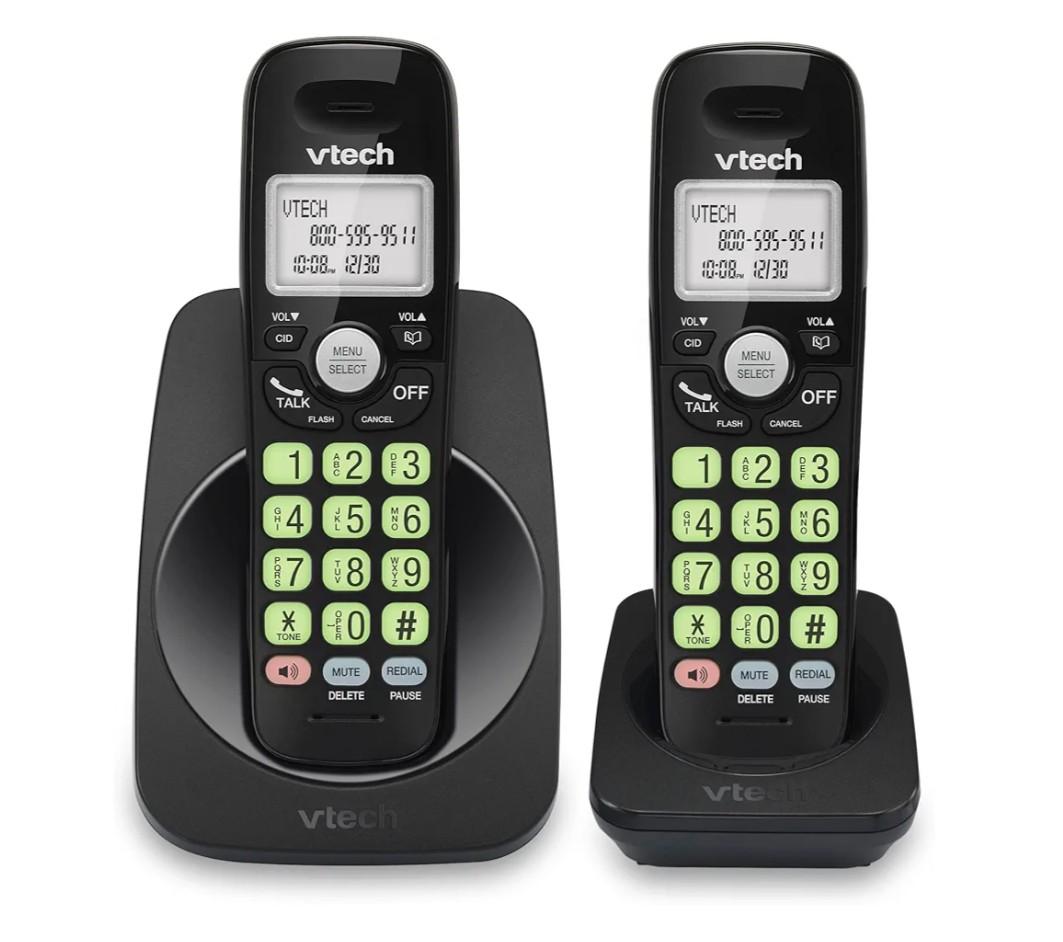 VTech 2Handsets Cordless Phone with DECT 6.0, FullDuplex Speakerphone, Lighted Display, Backlit Keypad, Caller ID/Call Waiting, Volume Control, Hearing Aid Compatible, Wall Mount | VG13121 (Black)