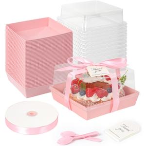7 x 7 x 4 Inches Paper Cake Boxes with Clear Lids, 50 Pack Pink Large Charcuterie Square Food Containers, Mother's Day Disposable Bakery Boxes for 4-6 Inch Bundt Cake, Pie, Dessert