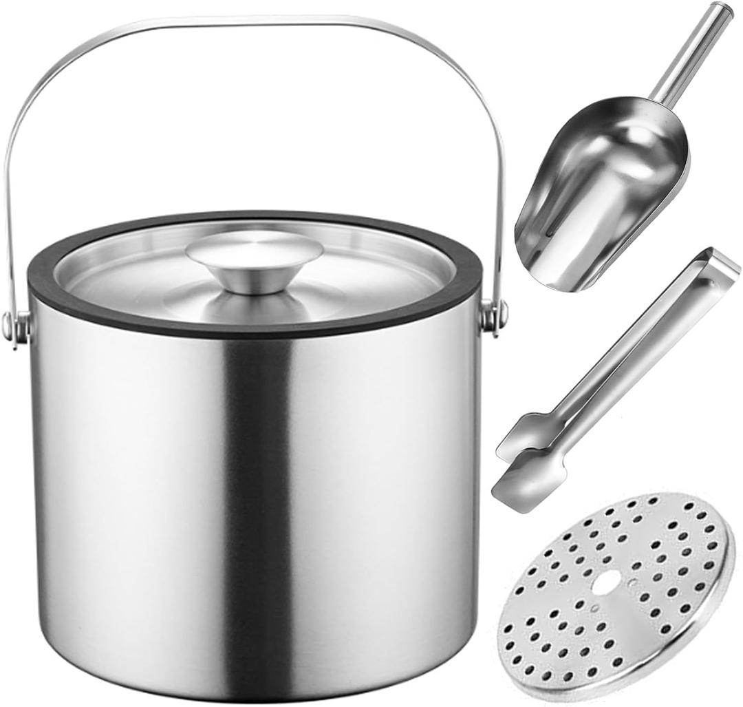 3L Double-Wall Insulated Ice Bucket with Lid, Ice shovel &Tongs and Strainer, Stainless Steel Ice Bath Tub with Silicone Sealed Lid for Wine, Ice Buckets for Parties, Wine Chiller, Light Sliver