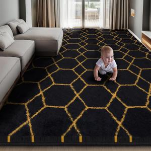 Super Soft Shaggy Area Rug, 8x8 Soft Plush Fluffy Rug for Bedroom Living Room, Modern Moroccan Geometric Carpet for Home Decor Aesthetic, Anti-Skid Carpet for Kids Room, Nursery, Black and Gold