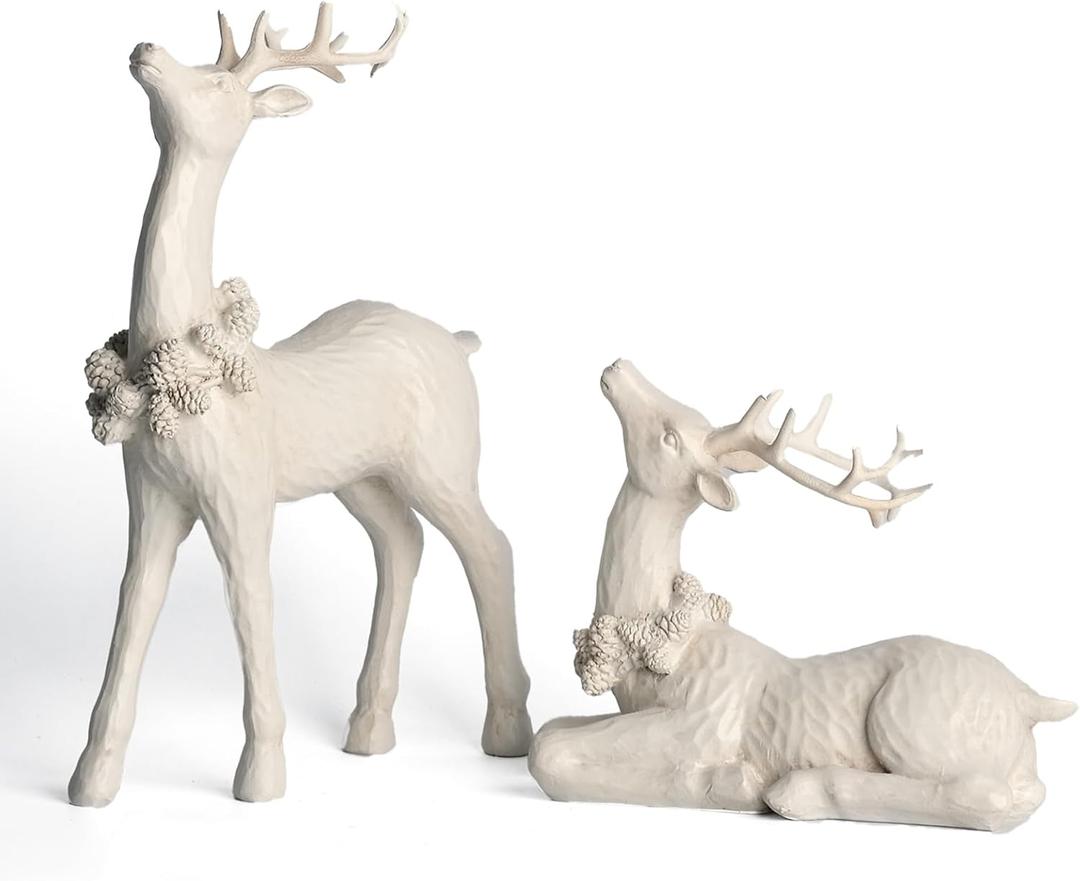 DN DECONATION 2pcs White Christmas Reindeer Statue, Indoor Reindeer Decor, Tabletop Resin Deer Figurine (Set of 2)