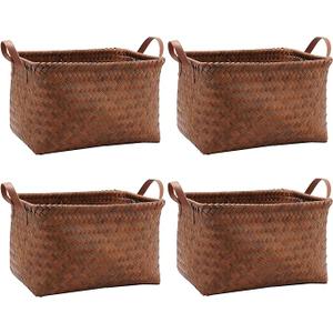 GIB Wicker Storage Baskets for Shelves, Woven Laundry Clothes Blanket Baskets for Organizing, Rectangular Bathroom Closet Organizers Storage Bins with Handles, Brown, 4 Pack