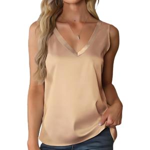 Mawor Satin Tank Tops for Women Casual V Neck Silk Basic Cami Camisoles (X-Small, Khaki)
