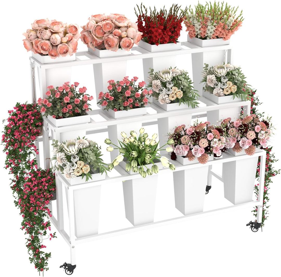 Flower Display Stand with 12 Buckets & Wheels – 3-Tier Mobile Flower Cart, White Metal Flower Bar for Weddings, Florist Shops, Patio, Garden & Home