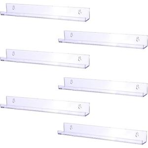 Sooyee 6 Pack 15 Inch Acrylic Invisible Kids Floating Bookshelf for Kids Room,Modern Picture Ledge Display Toy Storage Wall Shelf,Clear