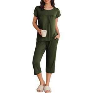 Ekouaer Womens Pajama Set Short Sleeve Sleepwear Pleated Floral Pjs Set Capri Pants Lounge Sets with Pockets S-XXL (Medium, Army Green)