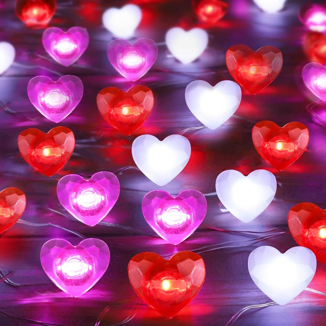 [Timer] 2 Pack Valentines Day Decor 20FT 60 LED Heart Twinkle Fairy Lights Battery Operated, 8 Modes Romantic Red Pink White Heart String Lights Valentines Decorations for Home Party Bedroom Wedding