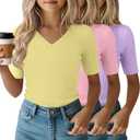 3 Pack Girls Short Sleeve Slim Shirts | V Neck Tops, Ribbed Knit, Cute, Casual, Tight, Basic, Solid, Plain, Summer, Layer, Comfortable, Versatile, Breathable