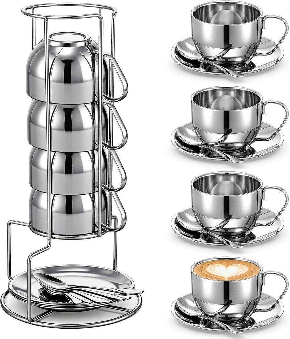 4 Pack Stainless Steel Coffee Cup Set 6 oz Espresso Cups Coffee Mugs with Spoons, Saucers and Metal Stand for Drinks, Latte, Tea, Milk(180 ml)