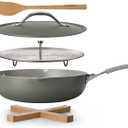 Tramontina All-in-One Plus Pan Set, 5-Quart Ceramic Non Stick Cooking Pan with Lid, Steamer Insert, Bamboo Utensil and Trivet, Gray